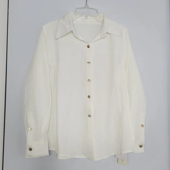 NWT Commense White Abstract Pattern Textured Relaxed Fit Gold Button-Down Shirt - Picture 3 of 8